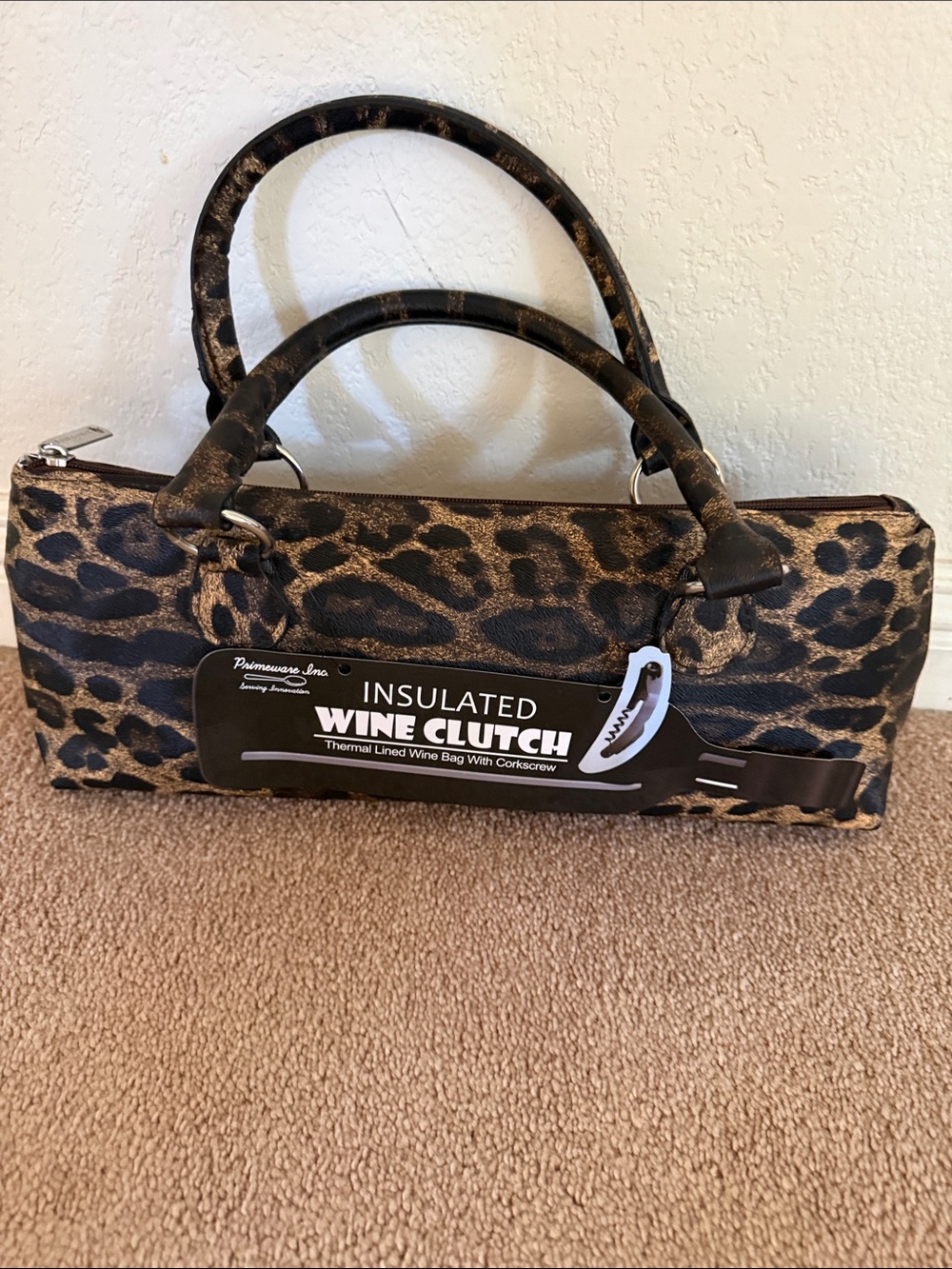 NWT Insulated Leopard Print Wine Clutch w/corkscrew